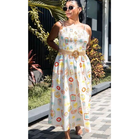 Cynthia Rowley Dresses & Skirts - Cynthia Rowley White Maxi Sundress with Colorful Print and Woven Belt Sz Large